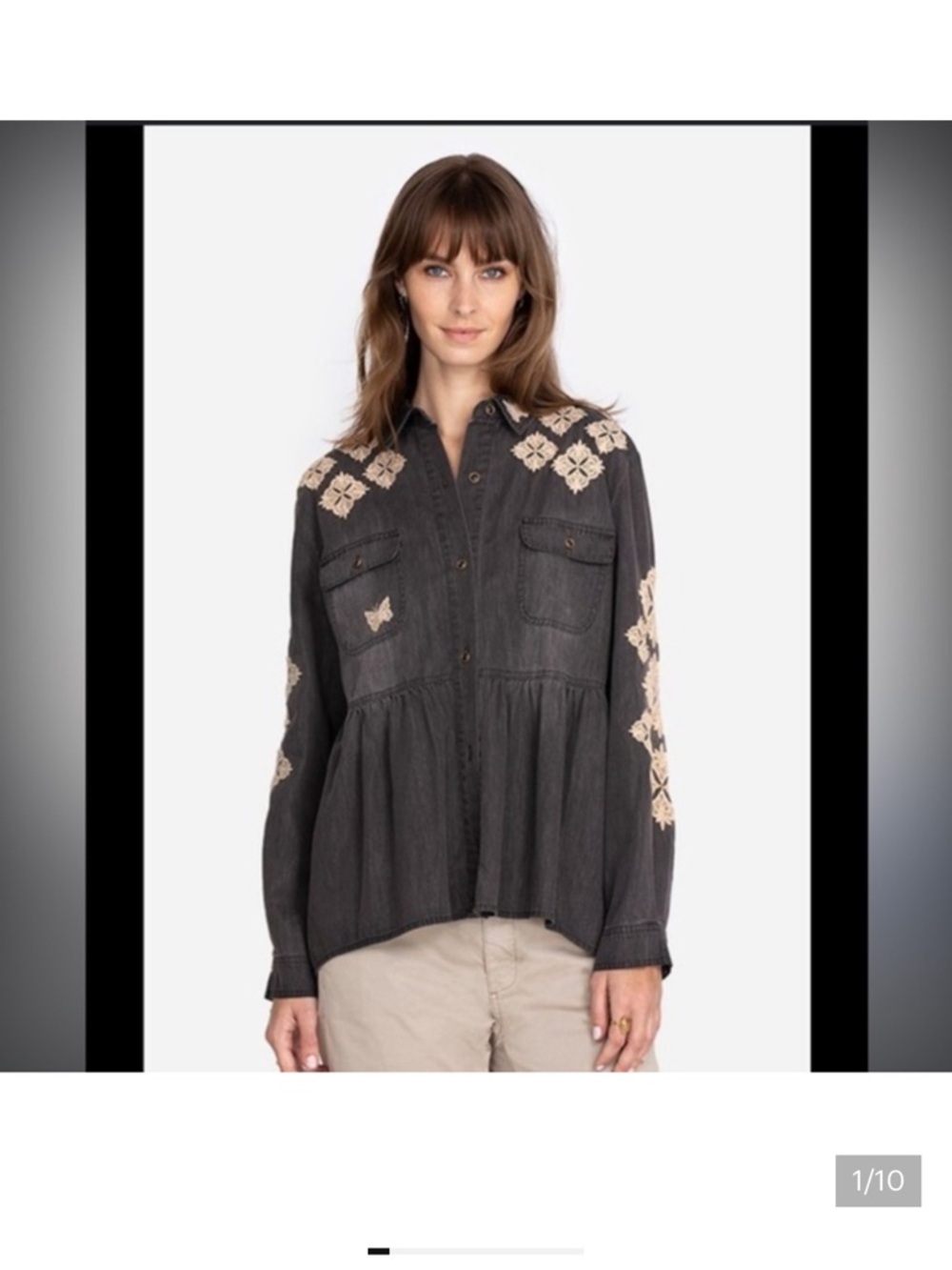 Johnny Was Embroidered Charcoal Button-Up Peplum Blouse - Beige Accents XL